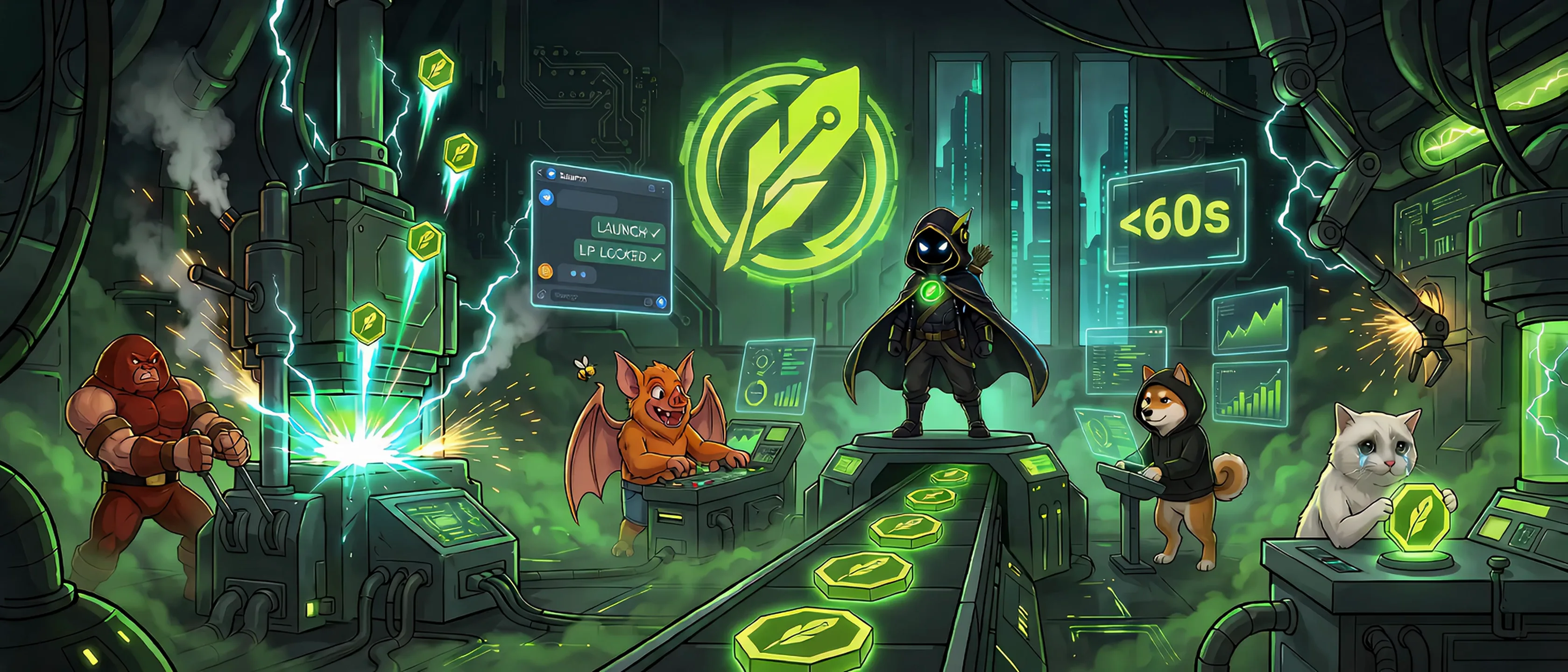 Inside the Hood Tech token foundry: the crew mints feather-stamped tokens on a glowing conveyor