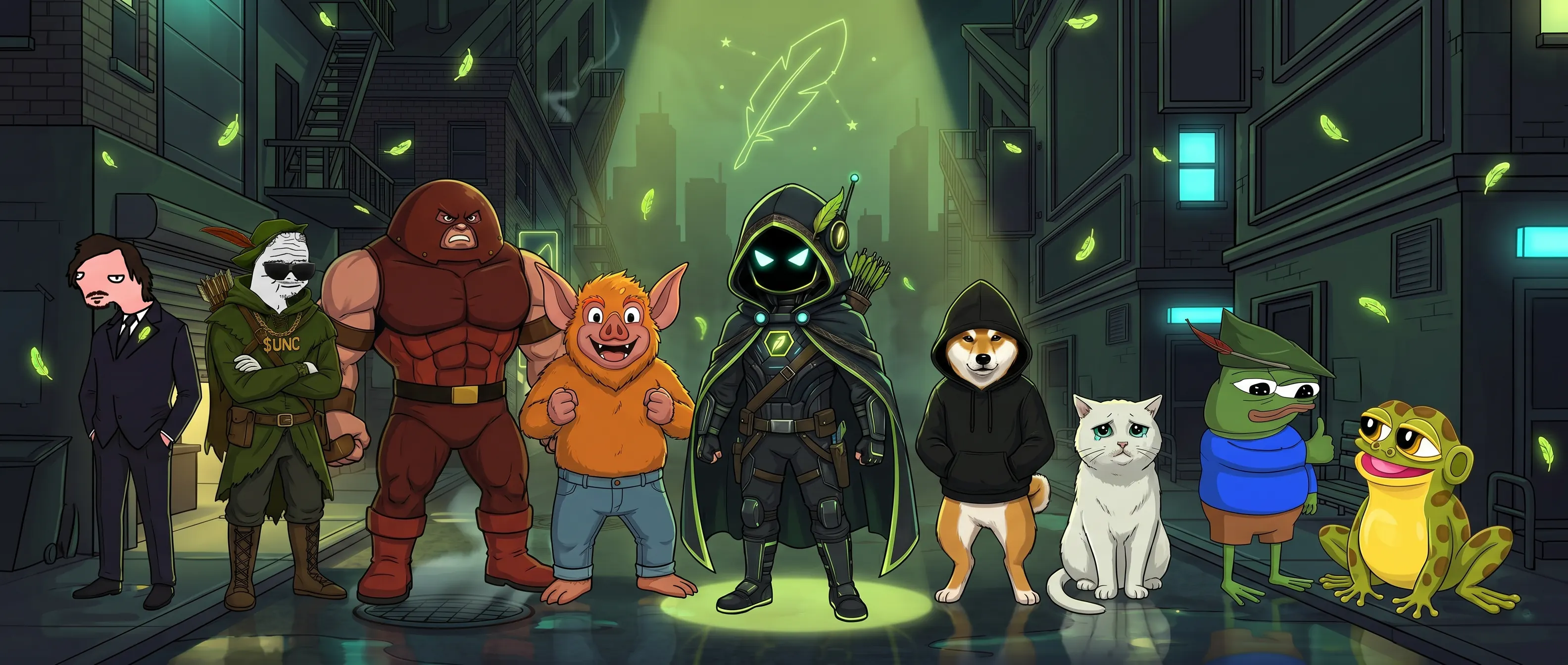 The full Hood Tech crew assembled on a neon night street